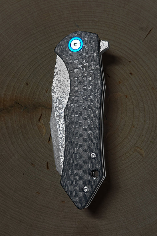 Damascus Ball Bearing Flipper Knife - Black Handle
