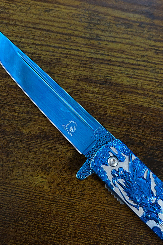 Falcon Dragon Engraved Blue Spring-Assisted Pocket Knife | KS3024BL
