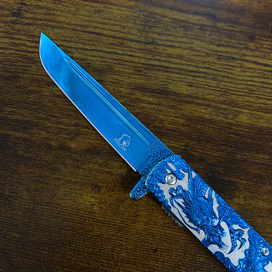 Falcon Dragon Engraved Blue Spring-Assisted Pocket Knife | KS3024BL