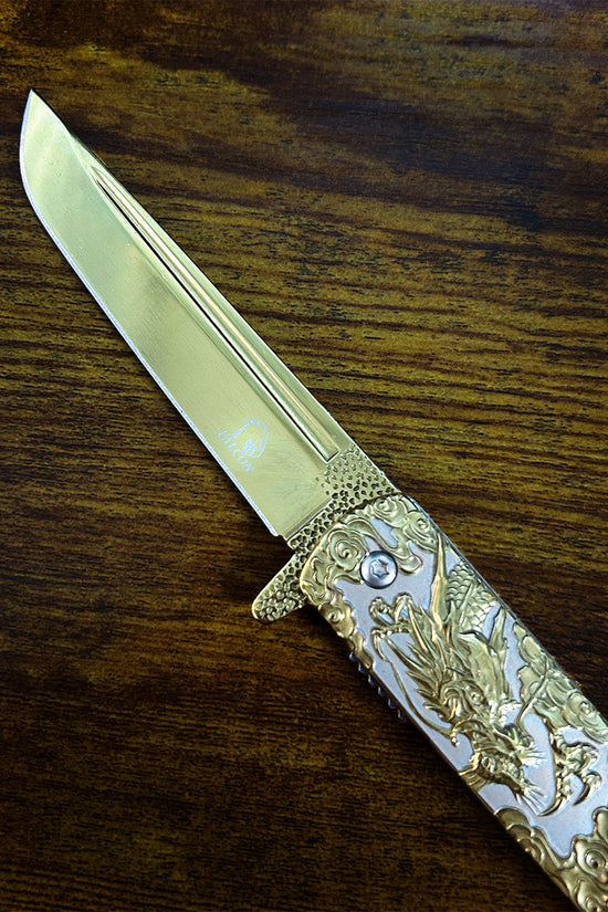 Falcon Dragon Engraved Gold Spring-Assisted Pocket Knife | KS3024GD