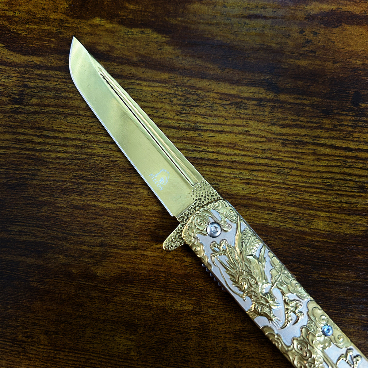 Falcon Dragon Engraved Gold Spring-Assisted Pocket Knife | KS3024GD