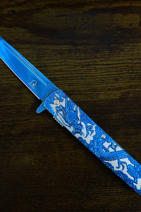 Falcon Dragon Engraved Blue Spring-Assisted Pocket Knife | KS3024BL