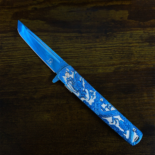 Falcon Dragon Engraved Blue Spring-Assisted Pocket Knife | KS3024BL
