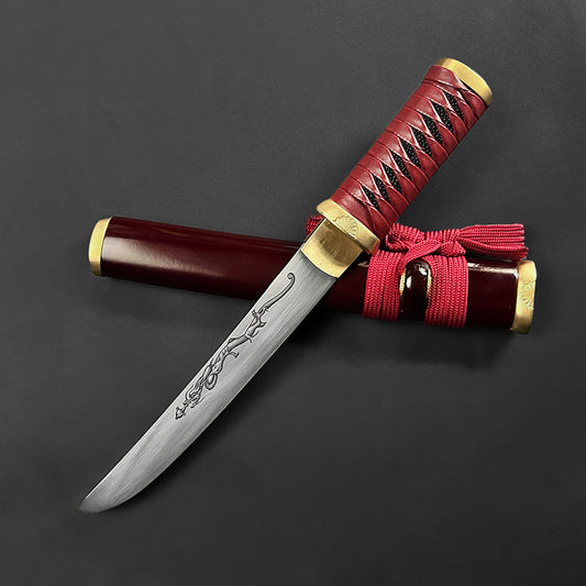 13.75" Hand forged tanto w/ burgundy wood scabbard.