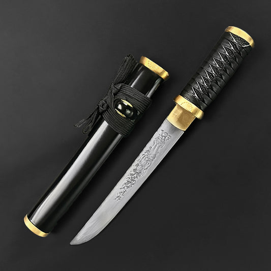 13.75" Hand forged tanto w/ burgundy wood scabbard.