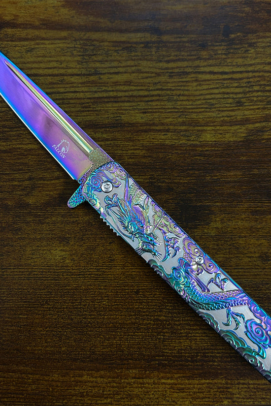 Falcon Dragon Engraved Rainbow Spring-Assisted Pocket Knife | KS3024RB