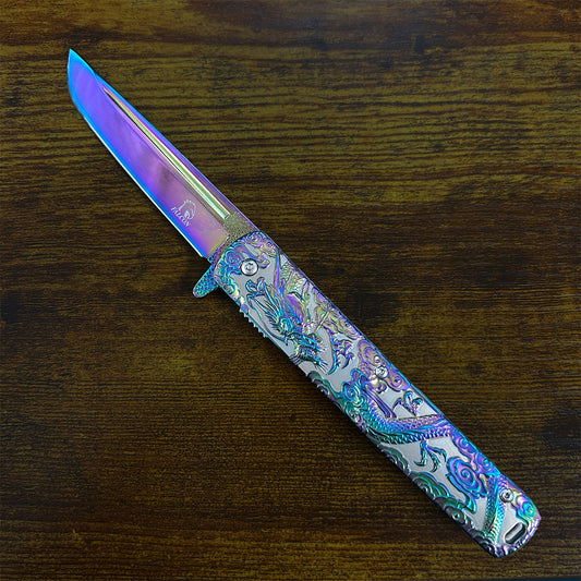 Falcon Dragon Engraved Rainbow Spring-Assisted Pocket Knife | KS3024RB