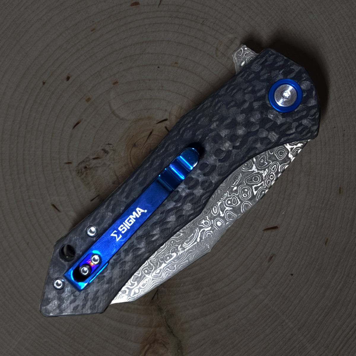 Damascus Ball Bearing Flipper Knife - Black Handle