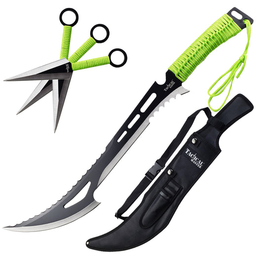 Tactical Master 26" Green Machete with 3 pcs 6" throwing knife