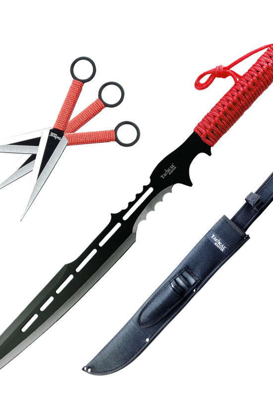 28" Red Machete w 3 Throwing Knives