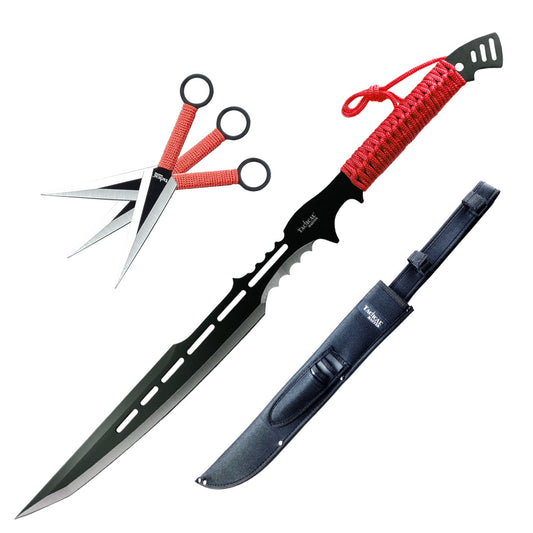 28" Red Machete w 3 Throwing Knives