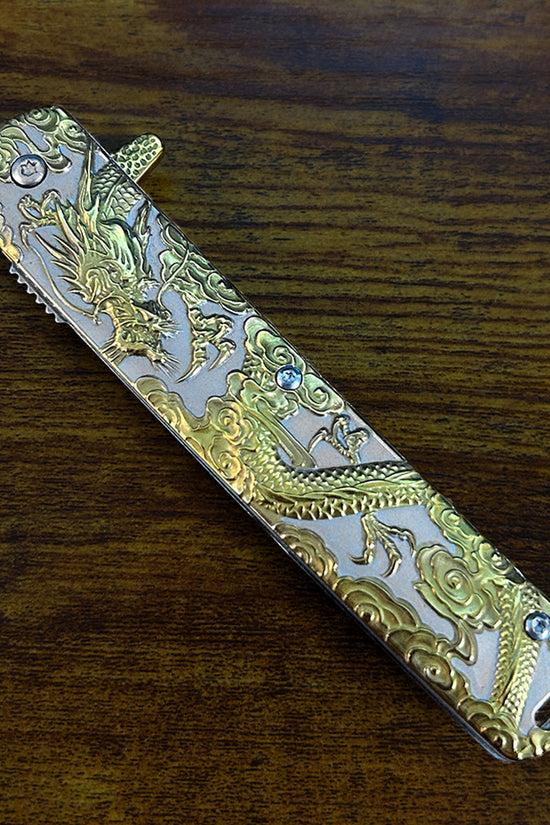 Falcon Dragon Engraved Gold Spring-Assisted Pocket Knife | KS3024GD