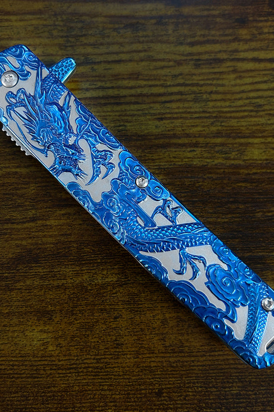 Falcon Dragon Engraved Blue Spring-Assisted Pocket Knife | KS3024BL