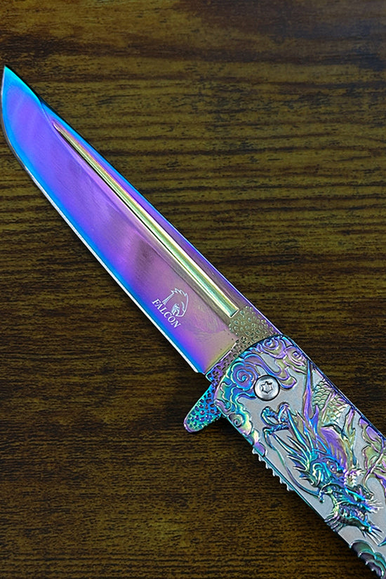 Falcon Dragon Engraved Rainbow Spring-Assisted Pocket Knife | KS3024RB