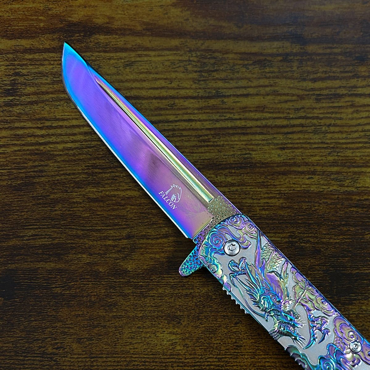 Falcon Dragon Engraved Rainbow Spring-Assisted Pocket Knife | KS3024RB