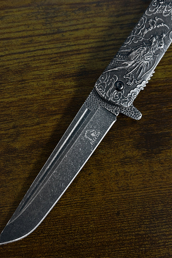 Falcon Dragon Engraved Black Spring-Assisted Pocket Knife | KS3024ST