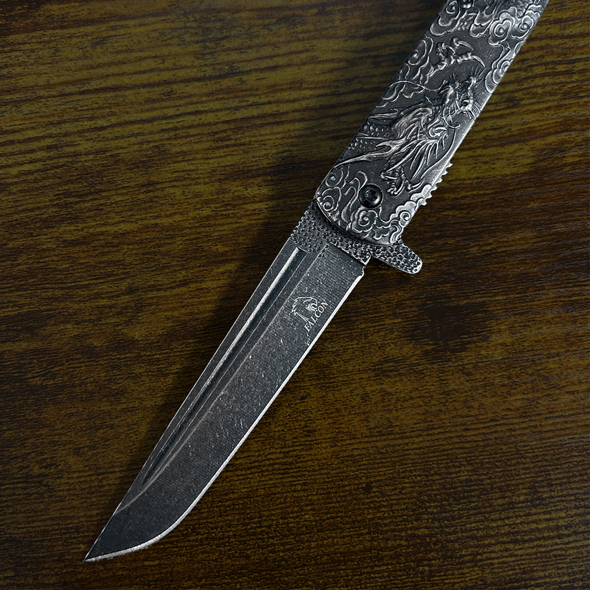 Falcon Dragon Engraved Black Spring-Assisted Pocket Knife | KS3024ST