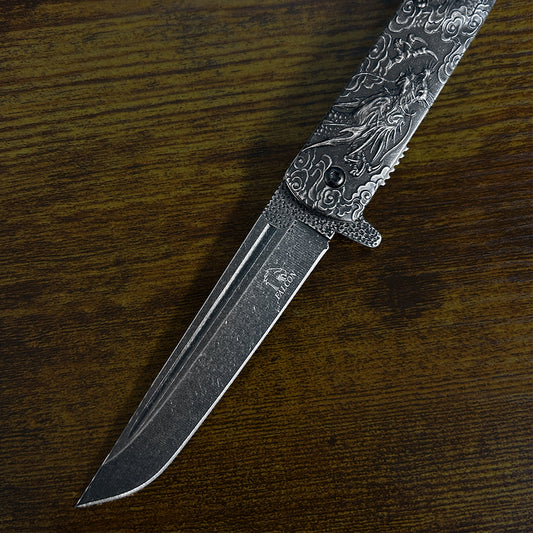 Falcon Dragon Engraved Black Spring-Assisted Pocket Knife | KS3024ST
