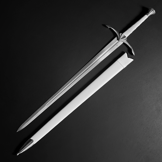 Full medieval sword beside white scabbard| Guild Arms