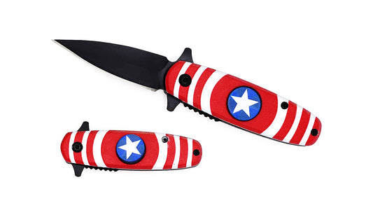 5.25" Spring Assisted Knife with Red & Blue Spinner Function featuring a bold striped design