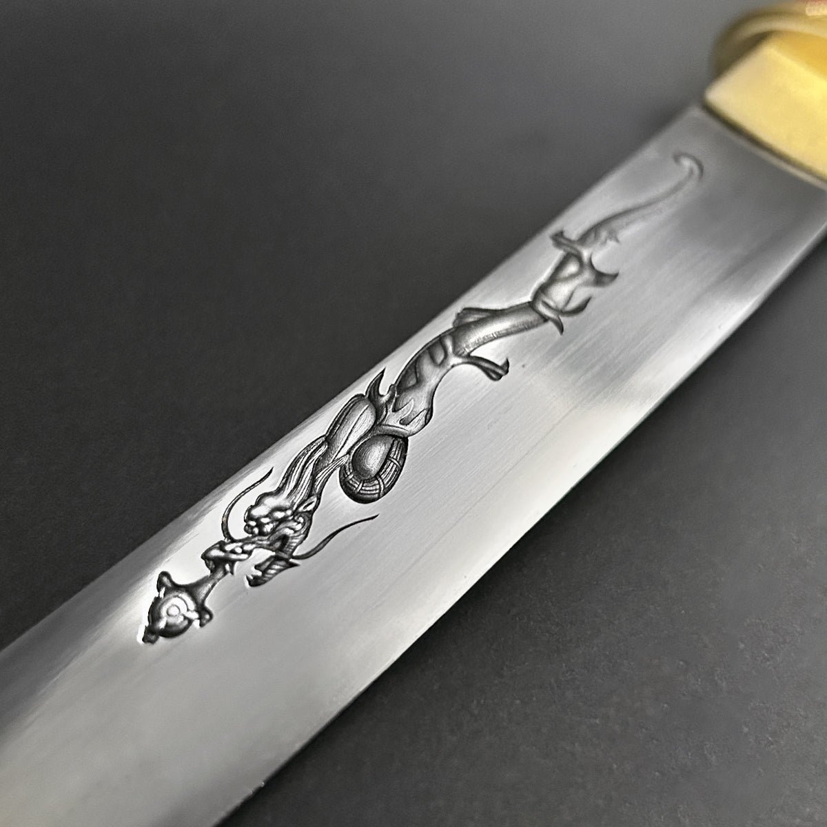 13.75" Hand forged tanto w/ burgundy wood scabbard.