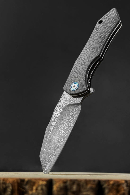 Damascus Ball Bearing Flipper Knife - Black Handle