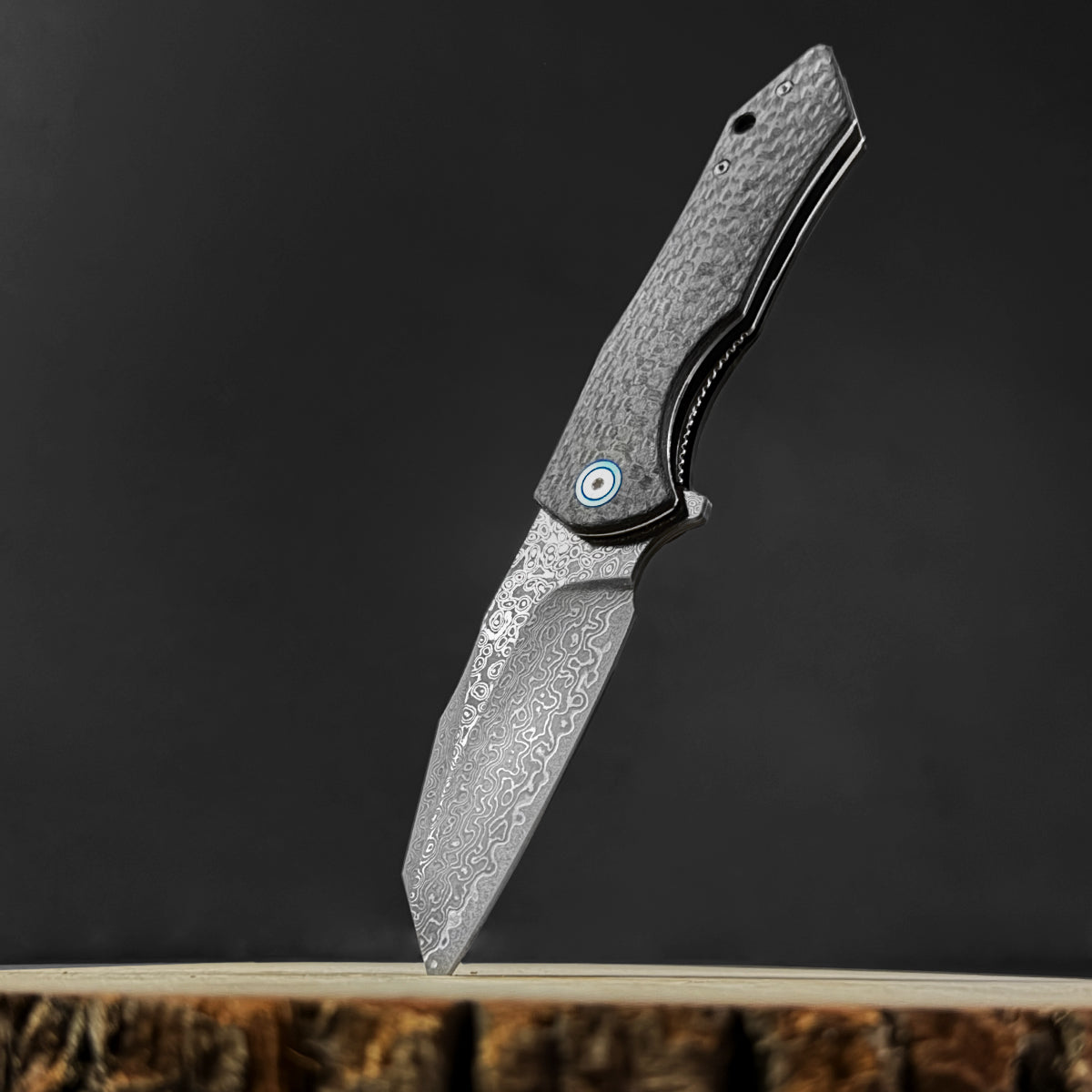 Damascus Ball Bearing Flipper Knife - Black Handle