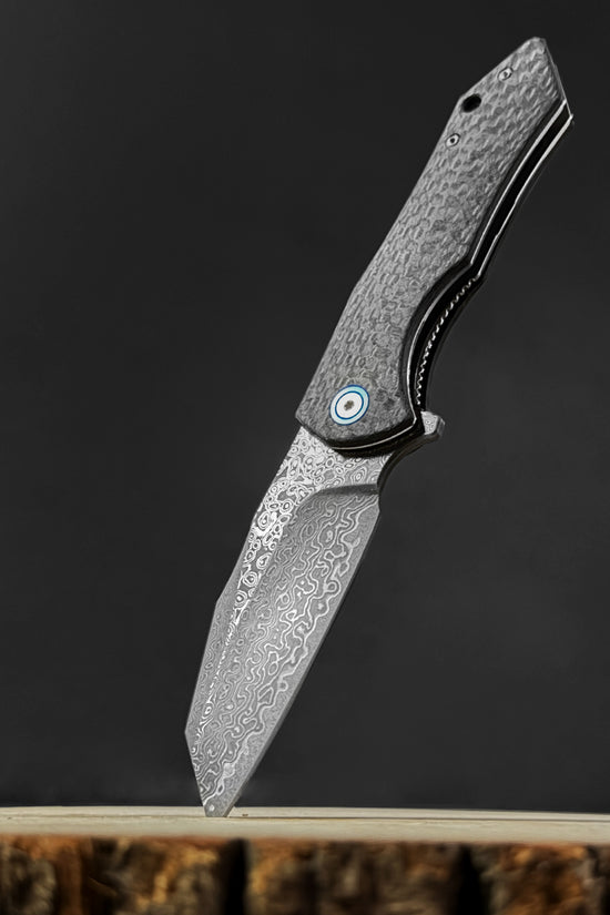 Damascus Ball Bearing Flipper Knife – Black Handle
