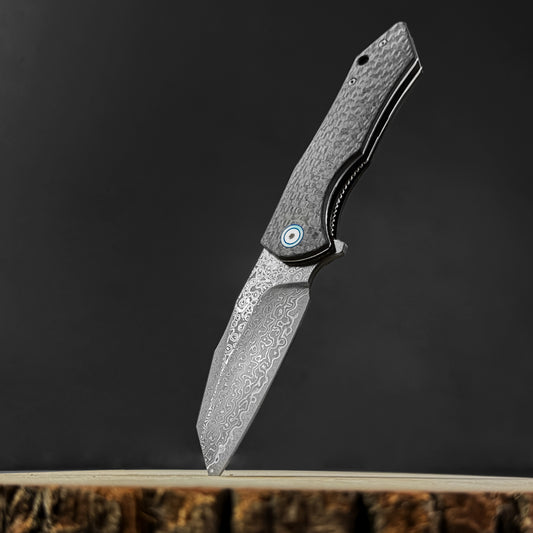 Damascus Ball Bearing Flipper Knife – Black Handle