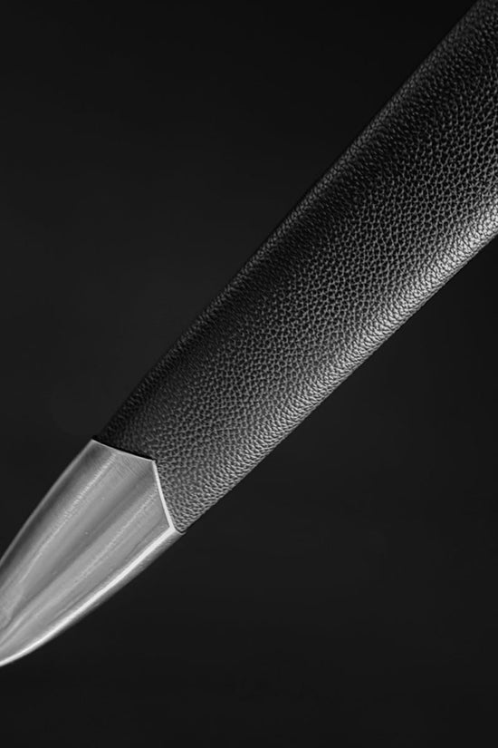 Hand-forged high-carbon steel medieval sword full-length view