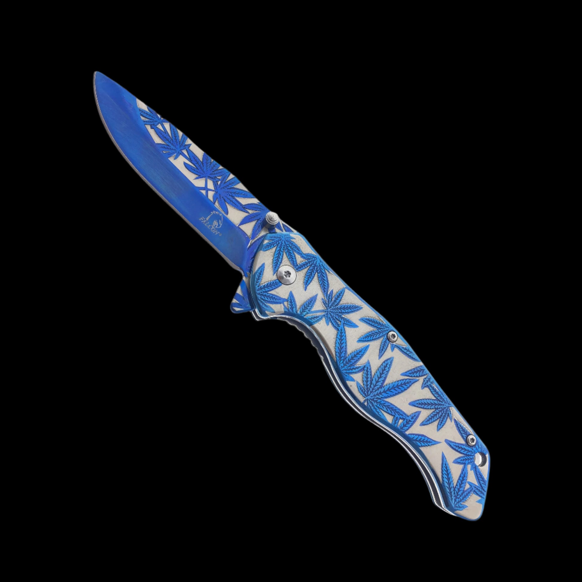 Falcon 8" Knife w Blue Marijuana Design featuring a spring-assisted opening and durable handle