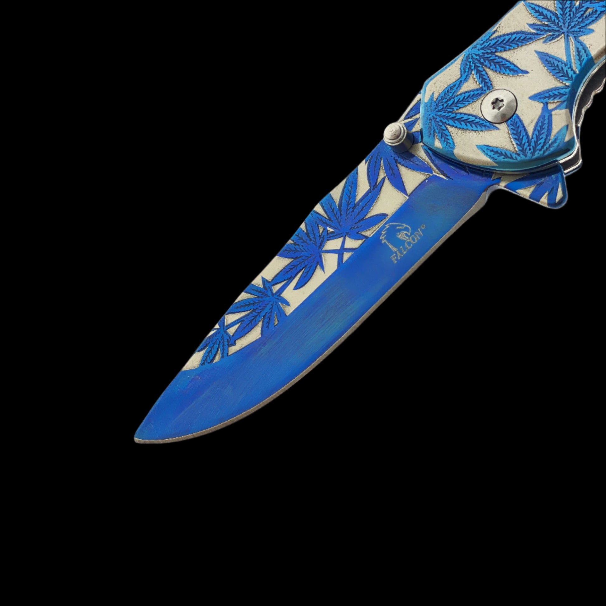 Falcon 8" Knife w Blue Marijuana Design with spring-assisted opening for easy use