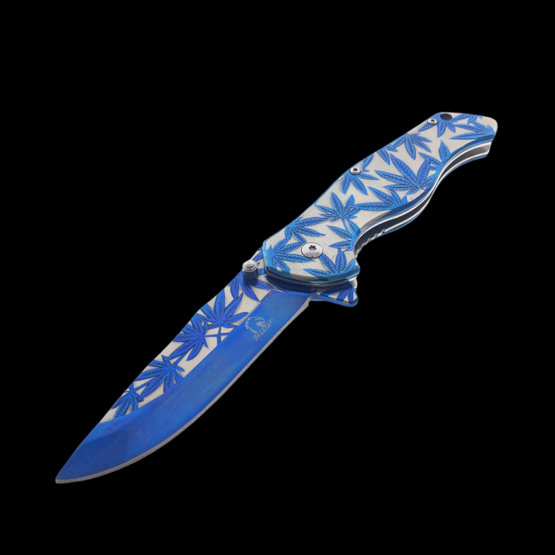 Falcon 8" Knife w Blue Marijuana Design featuring a spring-assisted opening and stylish handle