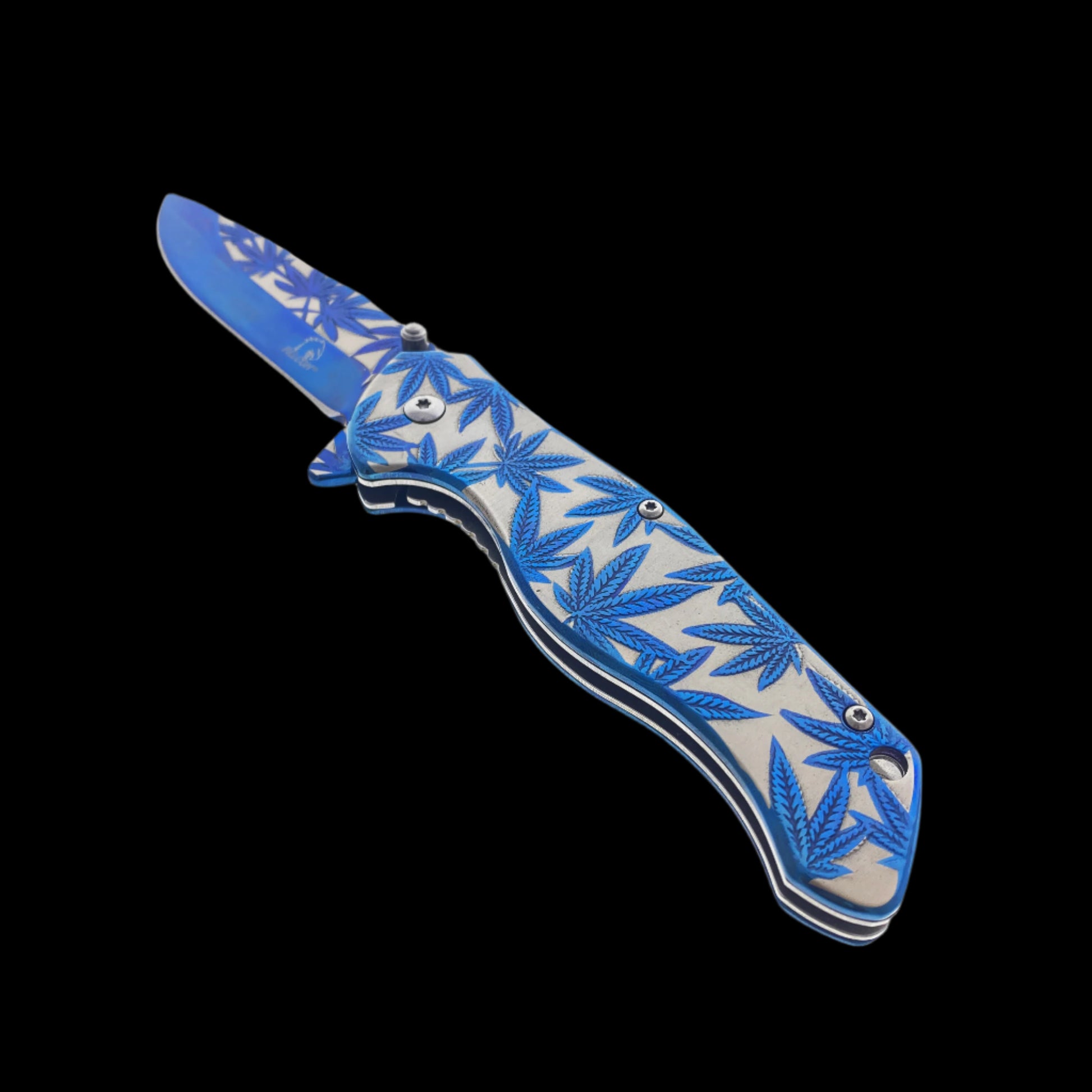 Falcon 8" Knife w Blue Marijuana Design featuring a spring-assisted opening mechanism