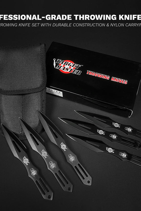 6 Piece Set Throwing Knife Black Blade & Handle w Spider