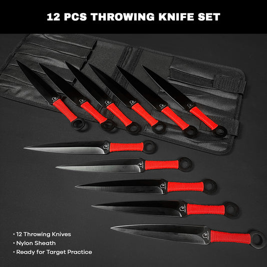 12 PCS Ninja Kunai Set - 8 1/2" Length Red Cord & Sheath