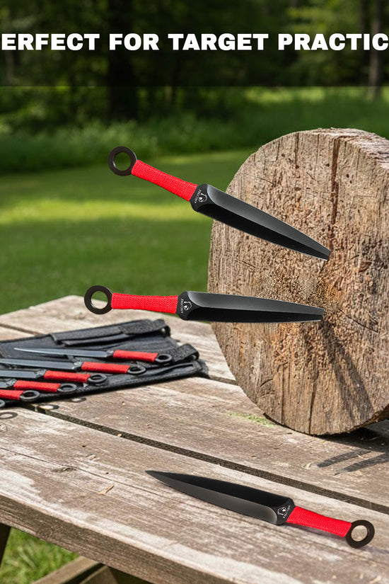 12 PCS Ninja Kunai Set - 8 1/2" Length Red Cord & Sheath
