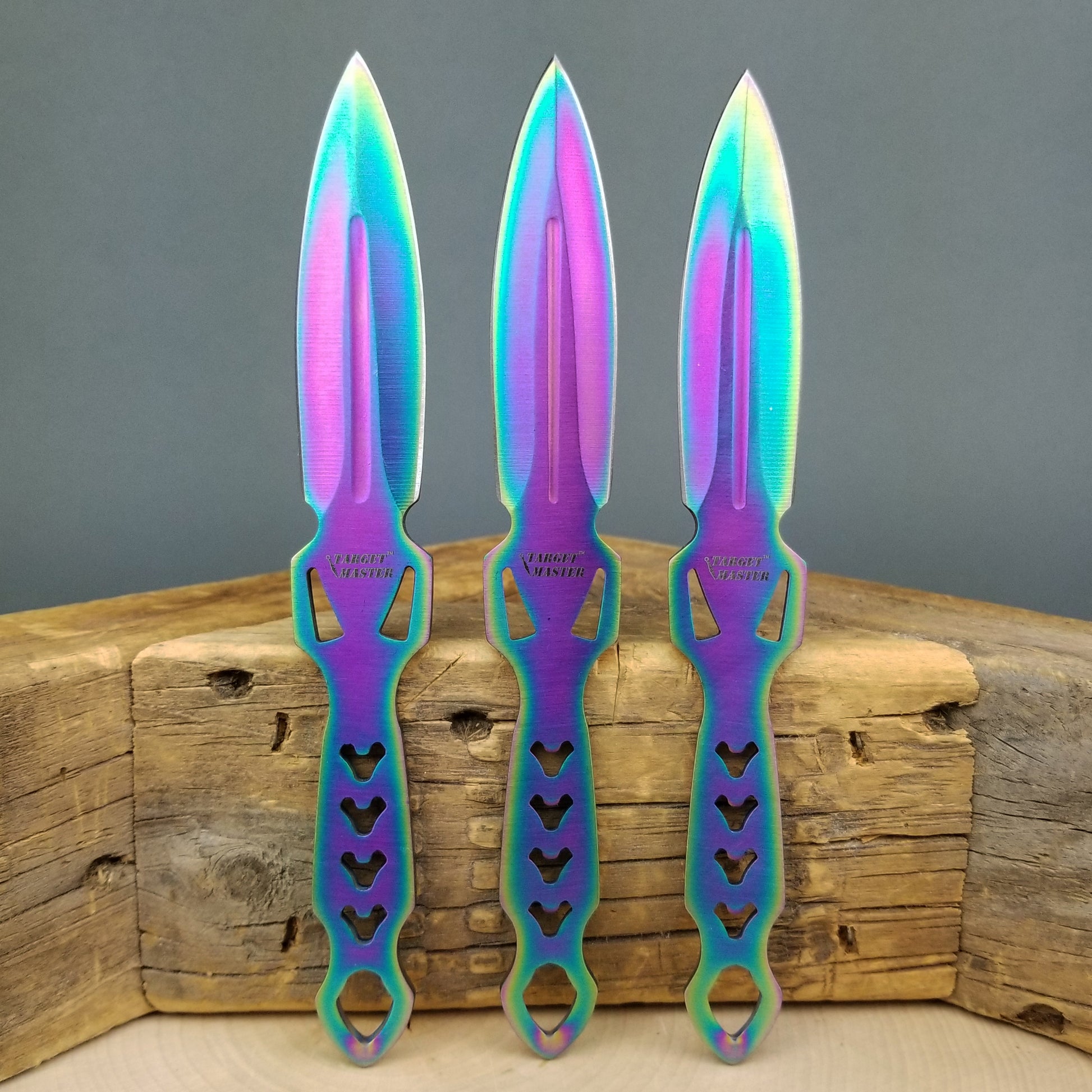 6" Overall 3 PC Rainbow Cross Throwing Knife Set w/ Sheath