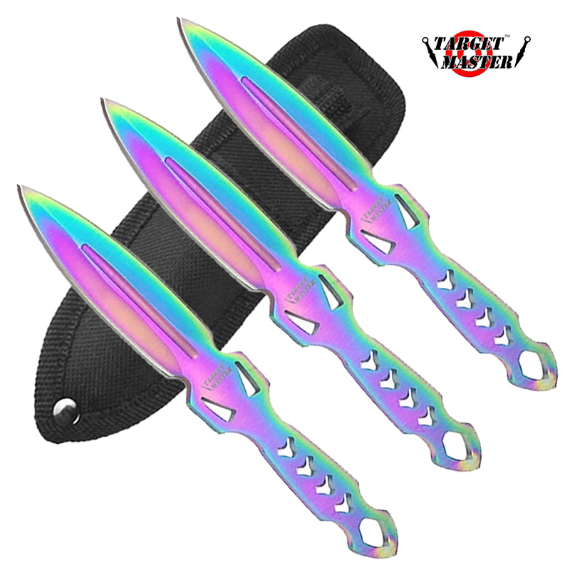 6" Overall 3 PC Rainbow Cross Throwing Knife Set w/ Sheath