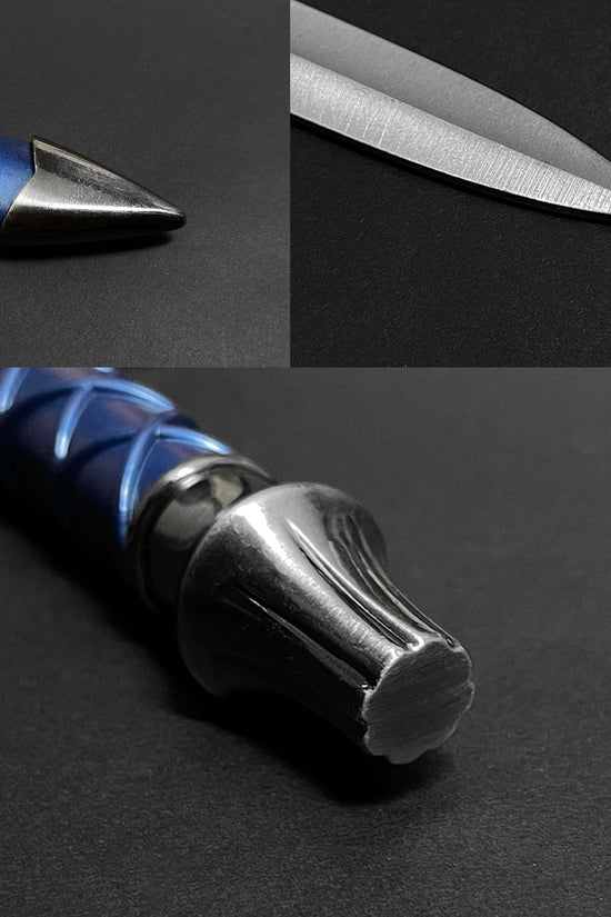 Blue sword close-ups of tip and pommel