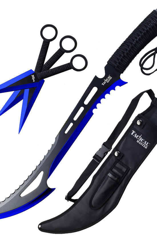 Tactical Master Blue Machete with 3 PCS 6" Throwing Knife