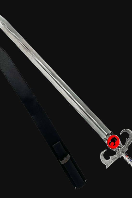 A 47-inch metal sword with a silver blade and decorative handle, accompanied by a black sheath.