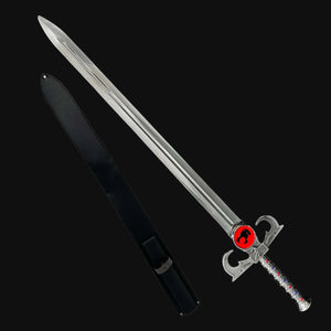 A 47-inch metal sword with a silver blade and decorative handle, accompanied by a black sheath.