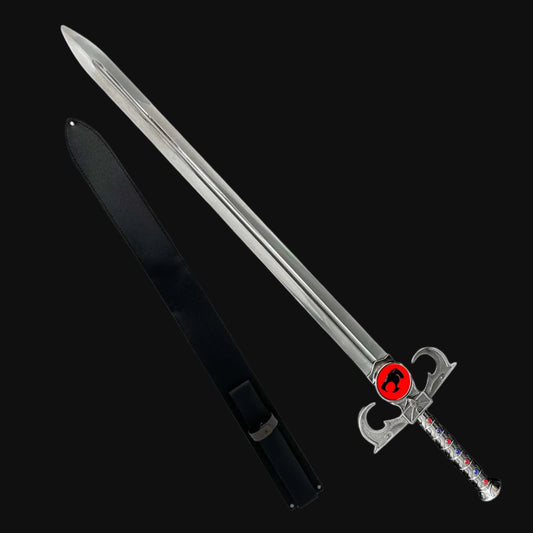 A 47-inch metal sword with a silver blade and decorative handle, accompanied by a black sheath.