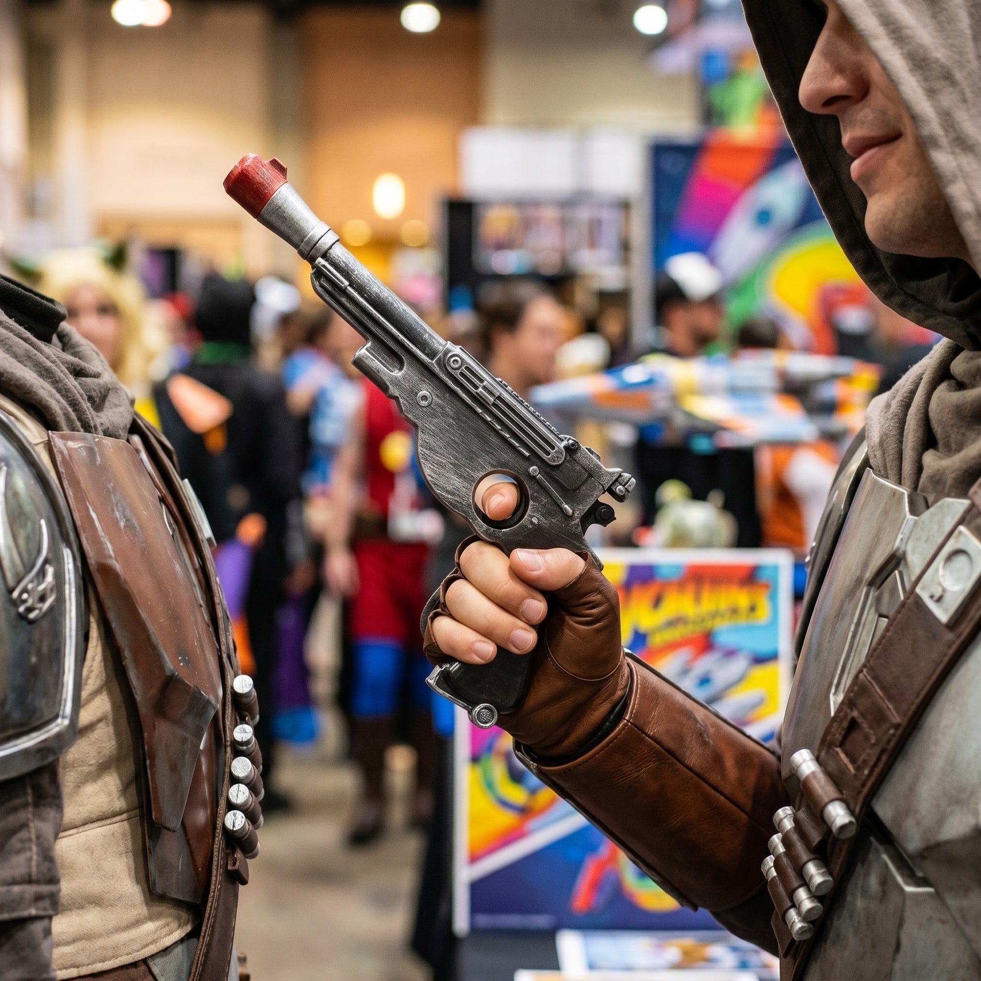 Cosplayer holding prop blaster at convention