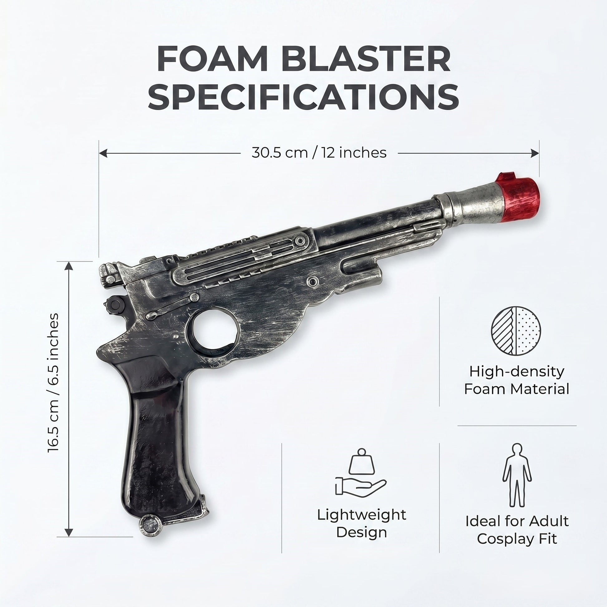 Foam blaster prop with size specifications