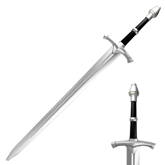 Guild Arms Foam medieval sword with a sleek silver blade and detailed black grip