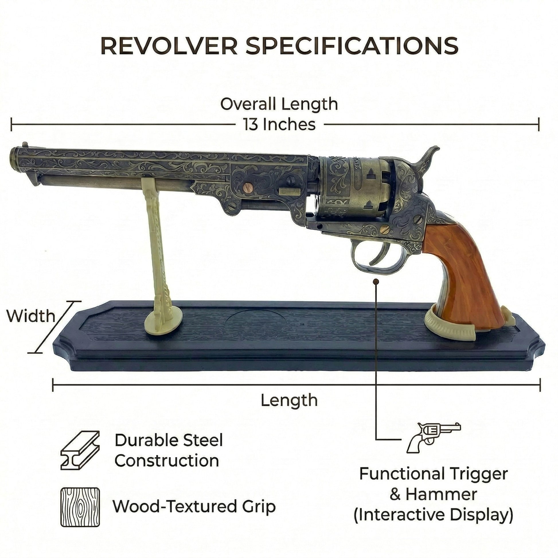 13 1/2" Decorative Antique Revolver Gun w/ Display Stand