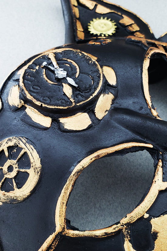 Close-up of steampunk wolf mask gears
