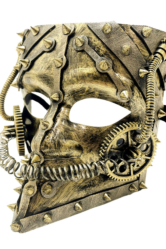 Steampunk masquerade mask with metal gears.